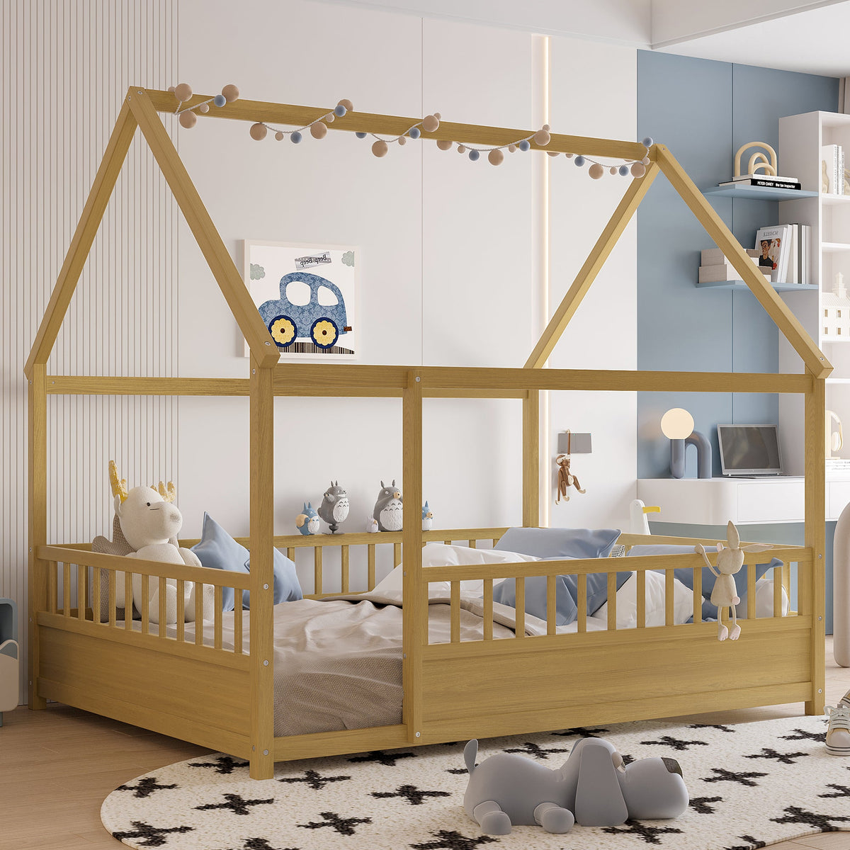 Full Size Wooden Bed with House Roof Frame, photo 3 of 10