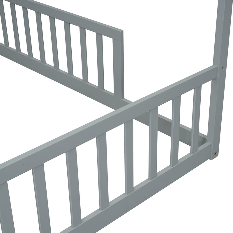 Double Twin House-Style Floor Bed with Fence, Guardrails, without door, Grey(Old Sku:W504P143316)