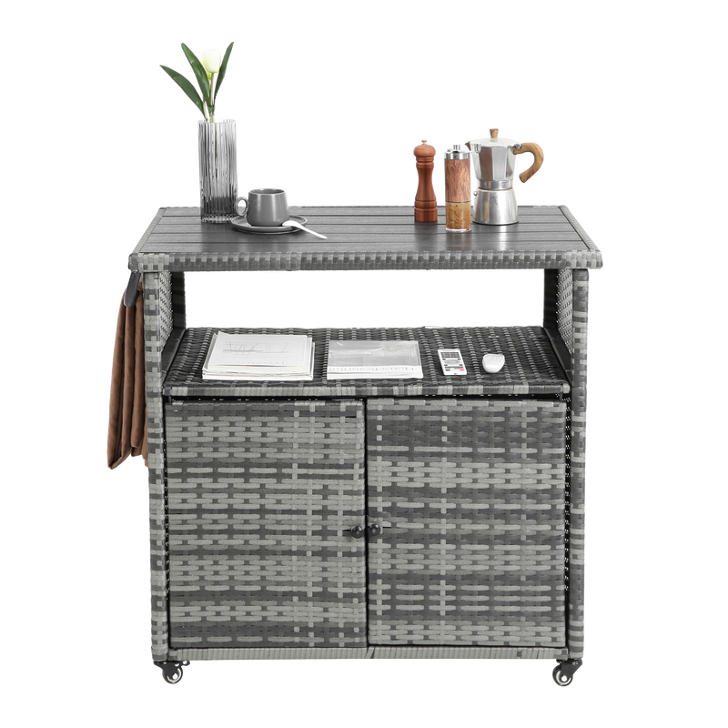 Outdoor Wicker Bar Cart, Patio Wine Serving Cart w/Wheels, Rolling Rattan Beverage Bar Counter Table w/Glass Top for Porch Backyard Garden Poolside Party, Light brown