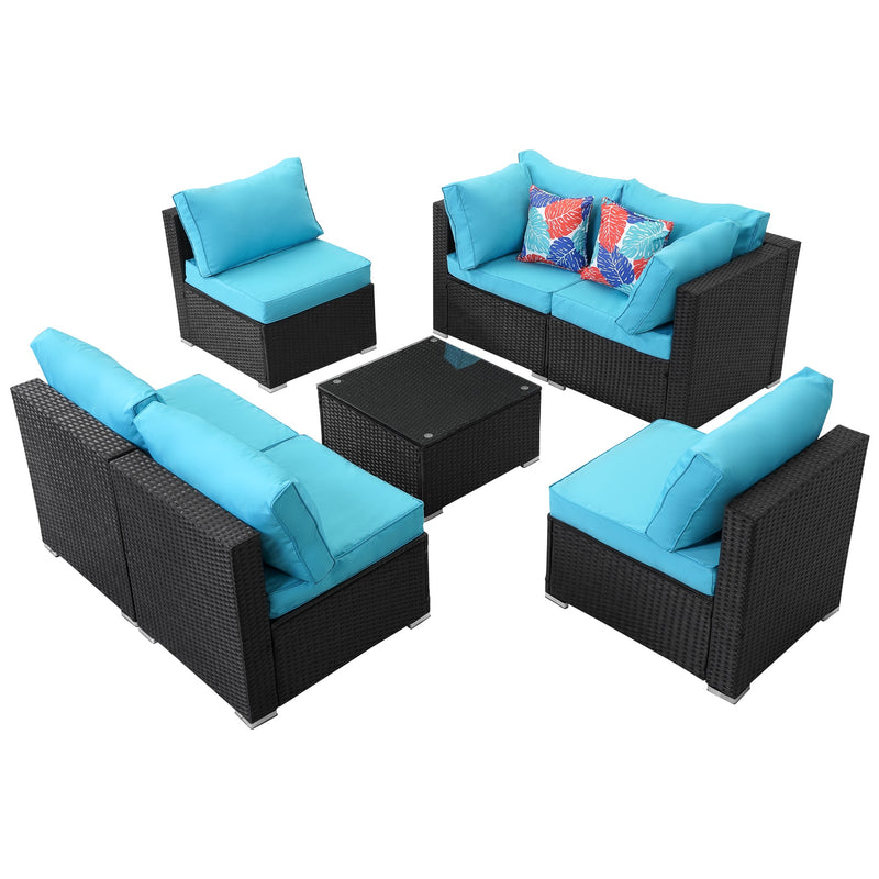 7 Piece Outdoor PE Wicker Furniture Set, Patio Black Rattan Sectional Sofa Couch with Washable Cushions