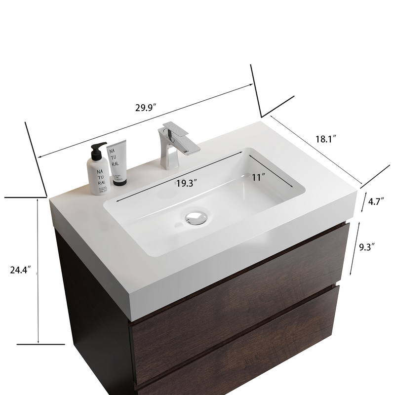 Alice 30-Inch Floating Bathroom Vanity, Glossy White with Walnut, Soft-Close Drawers, photo 9 of 9