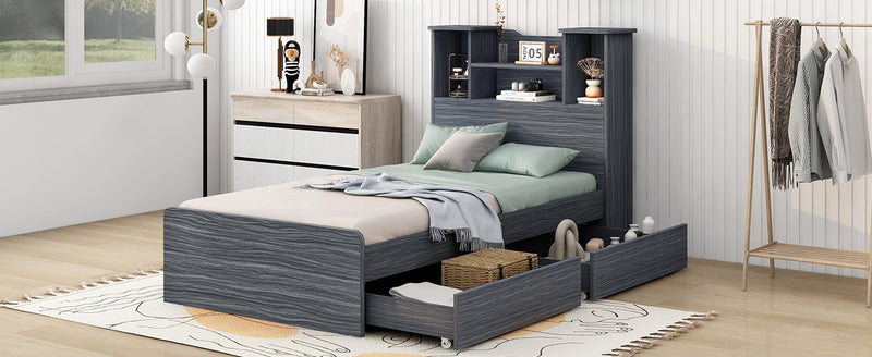 Walker Edison | Twin Size Storage Platform Bed Frame with 4 Open Storage Shelves and 2 Storage Drawers, LED Light, Gray