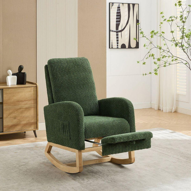 25.4"W Rocking Chair for Nursery, High Back Glider Chair with Retractable Footrest, Side Pocket, Rocking Accent Armchair with Rubber Wood Legs for Living Room/Bedroom.Green