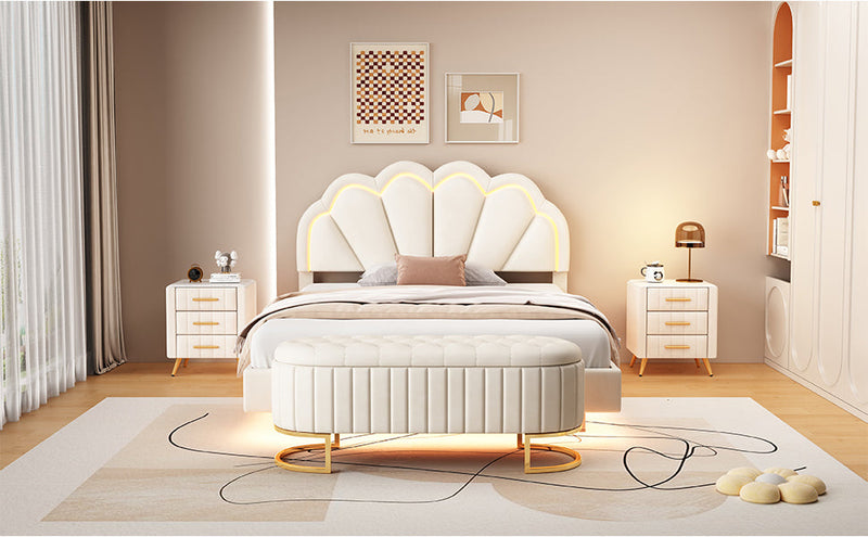 2-Pieces Bedroom Sets Full Size Upholstered LED Platform Bed with Storage Ottoman-Velvet, Beige