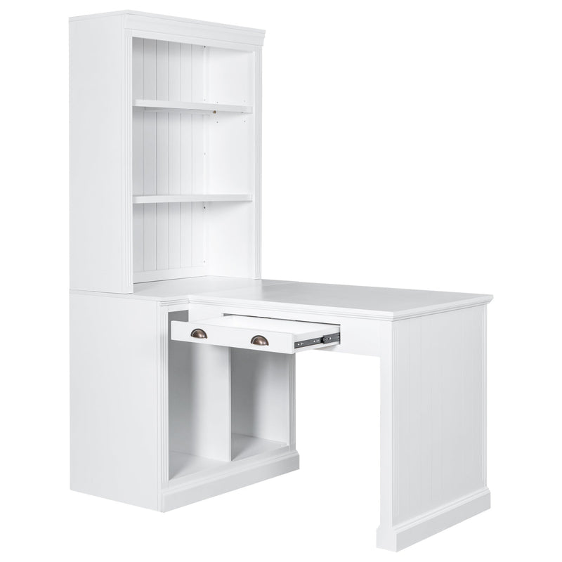 83.4"Tall Bookshelf with Writing Desk, Modern Bookcase with Study Desk, Workstation with Storage Shelf,Storage Bookcase with Open Shelves and LED Lighting for Living Room,Home Office,White
