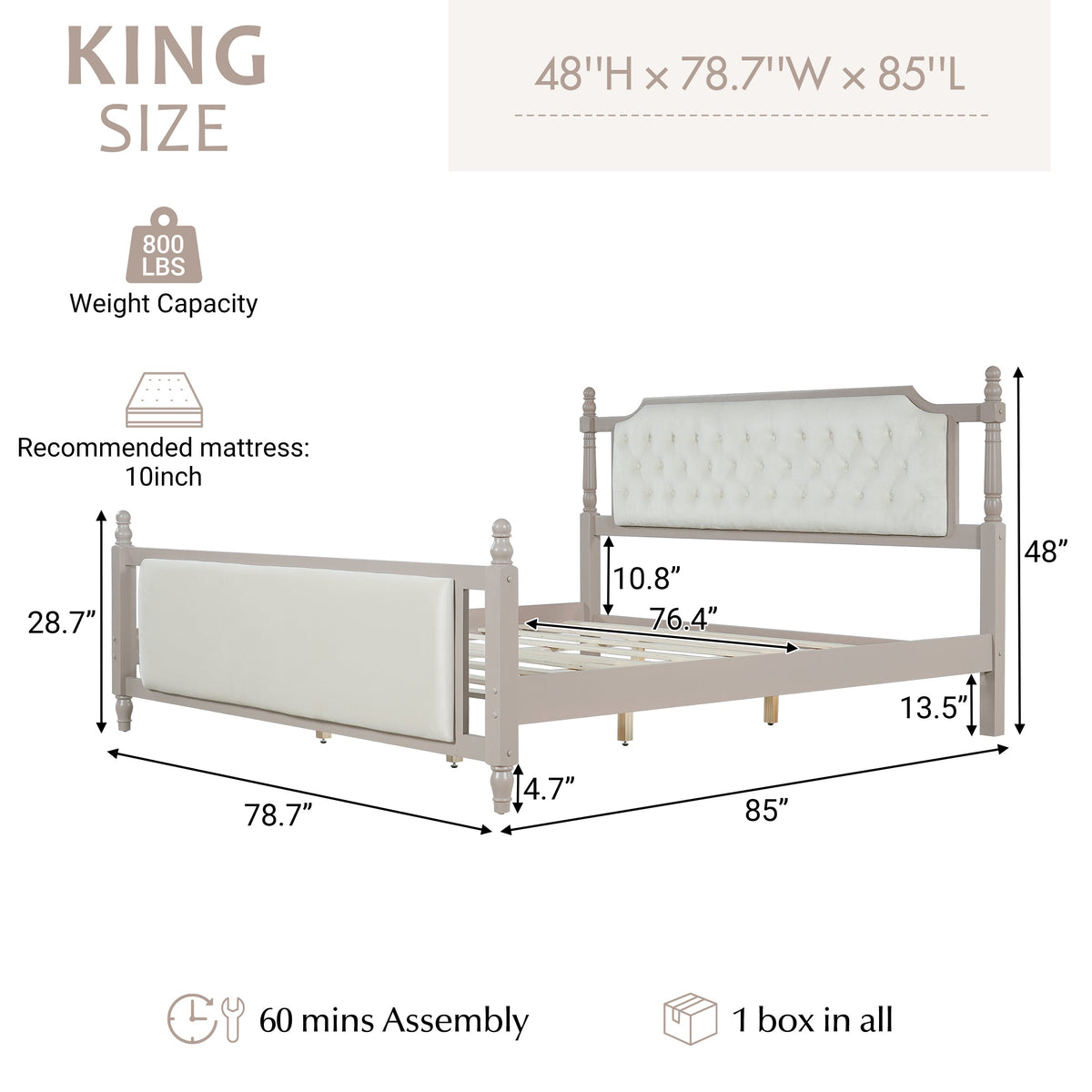 King Size Upholstered Platform Bed with Button Tufted Headboard, photo 3 of 10