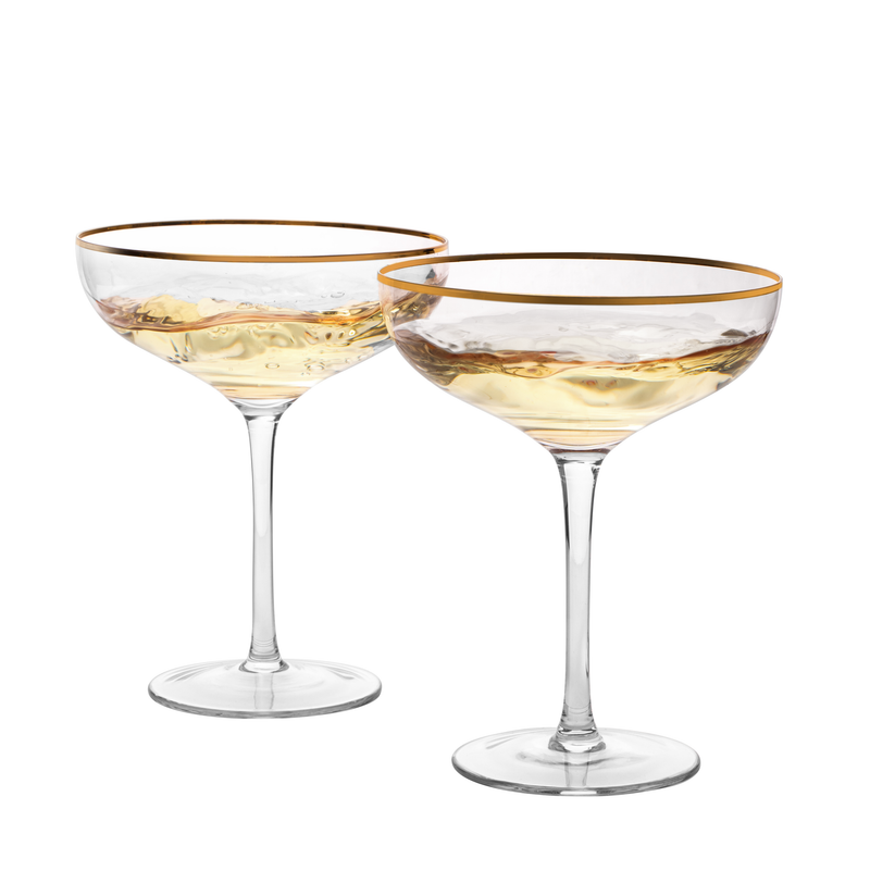 The Wine Savant Colored Crystal Gilded Rim Coupe Glass, Large 9oz Cocktail & Champagne Glasses 2-Set Vibrant Color Short Gold Vintage Tumblers, No Stem Margarita, Glassware Gift Idea (Gold Rimmed)