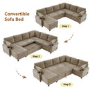 U-Shaped Sectional Sofa Bed With Storage, Charging Ports, And Cup Holders - Brown by HouseOfZazla