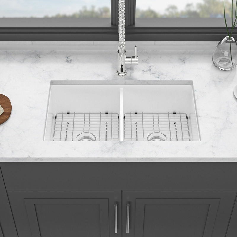 Elegant Dual Mount 32" Undermount Double Bowl Ceramic Kitchen Sink - White, photo 7 of 8
