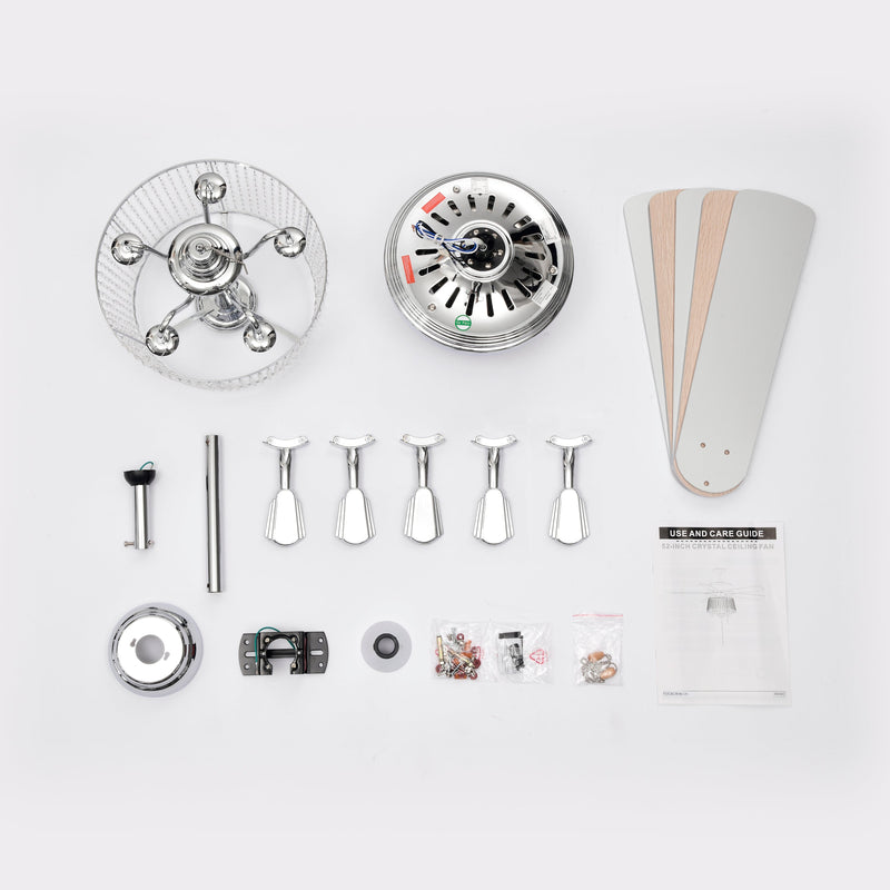 52 Inch Crystal Ceiling Fan, Modern Electrical Fan with 5 Wood Reversible Blades, 4 Bulbs Not Included,Noiseless Reversible AC Motor for Bedroom/Living Room/Study/Patio Home Decoration (Chrome)