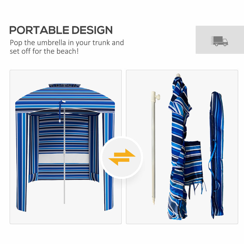 5.8' x 5.8' Portable Beach Umbrella with Double-Top, Ruffled Outdoor Cabana with Walls, Vents, Sandbags, Carry Bag, Blue Stripe