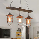 GobekUsa Caged Rustic Metal Pendant Light Fixture with Wooden Beam - 3 Lights Hanging Lamp Kit