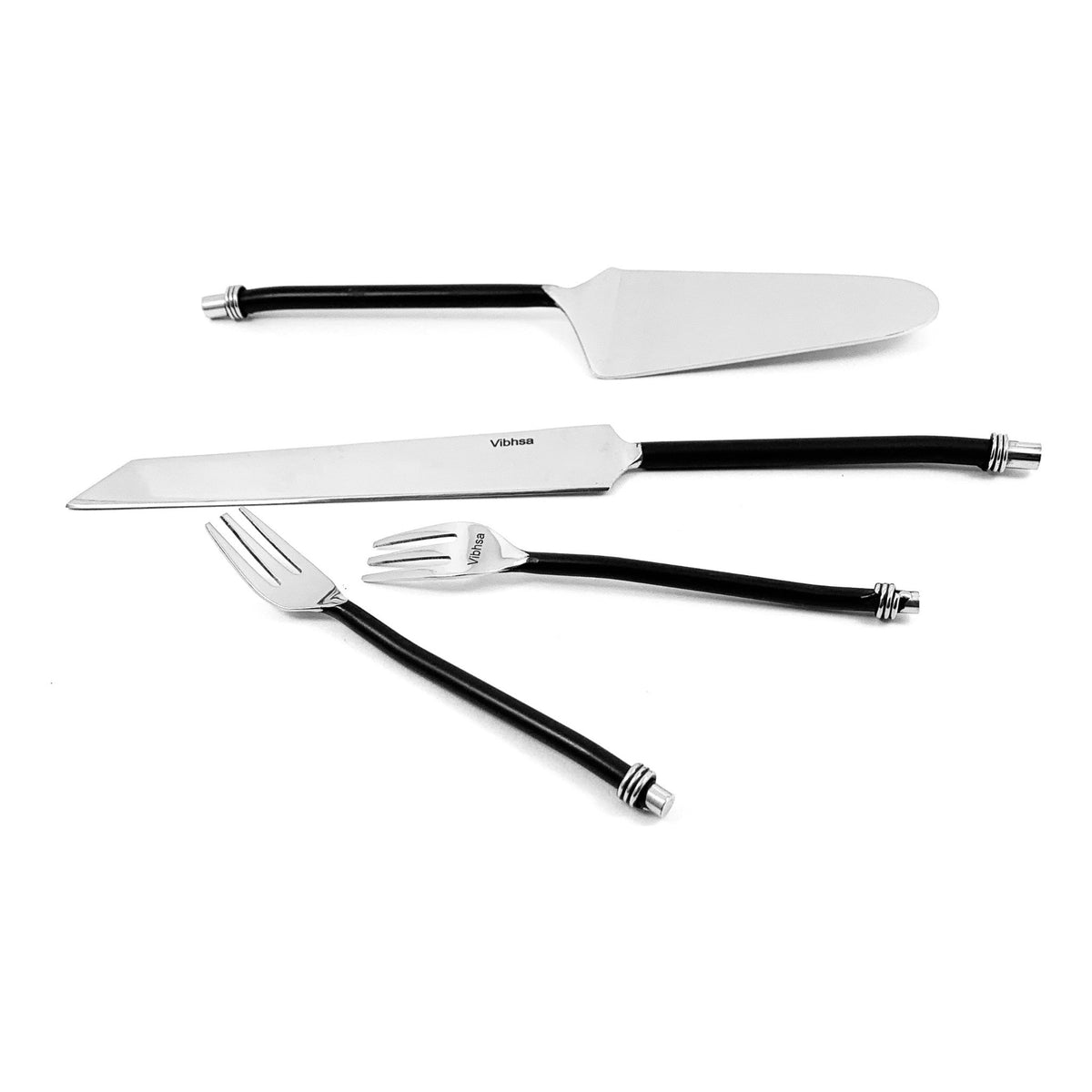 Cake Cutting & Serving Set with Forks (Black, Twisted Handle)