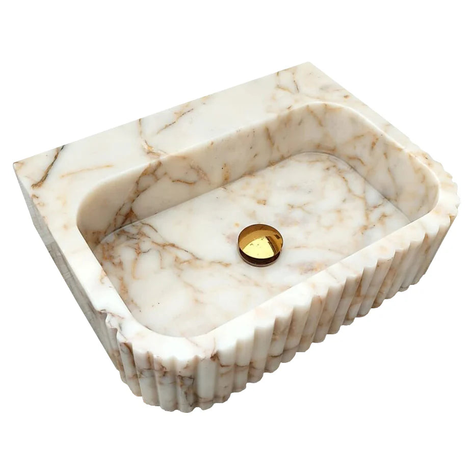 Calacatta Gold Marble Wall Mount Bathroom Vanity Sink with Fluted Design 16x20x6, angled view
