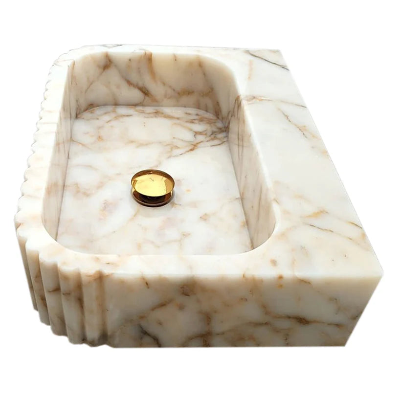 Calacatta Gold Marble Wall Mount Bathroom Vanity Sink with Fluted Design 16x20x6, side view