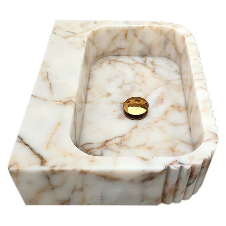 Calacatta Gold Marble Wall Mount Bathroom Vanity Sink with Fluted Design 16x20x6, side view