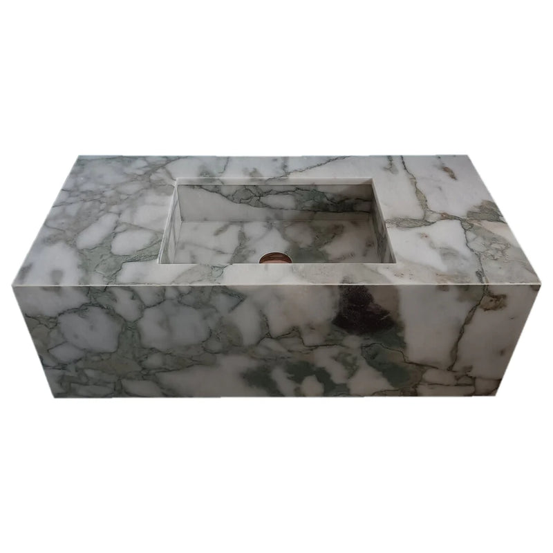 Calacatta Verde Marble Rectangular Wall-mount Bathroom Sink with 10" Backsplash (W)16" (L)34" (H)12"