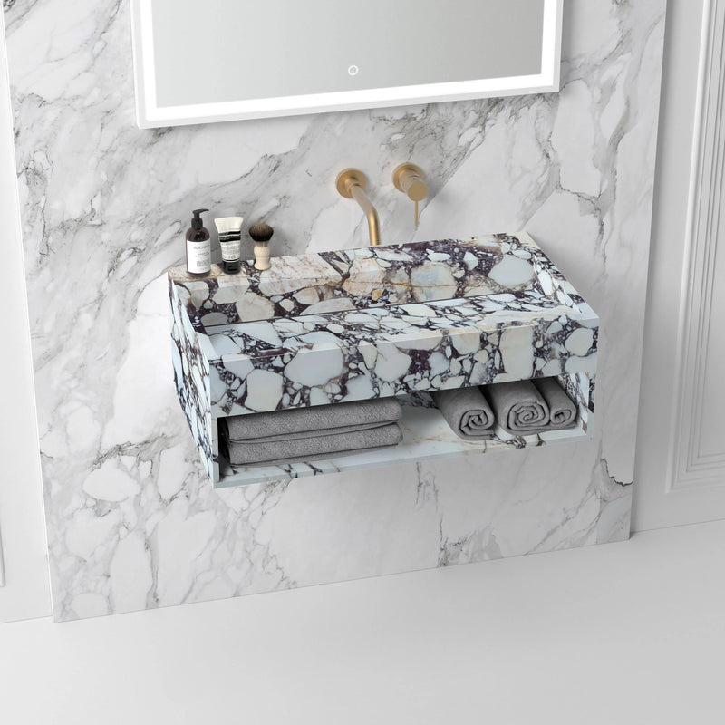 Calacatta Viola Marble Wall-mount Bathroom Sink Hidden Drain with Storage (W)18" (L)40" (H)10"