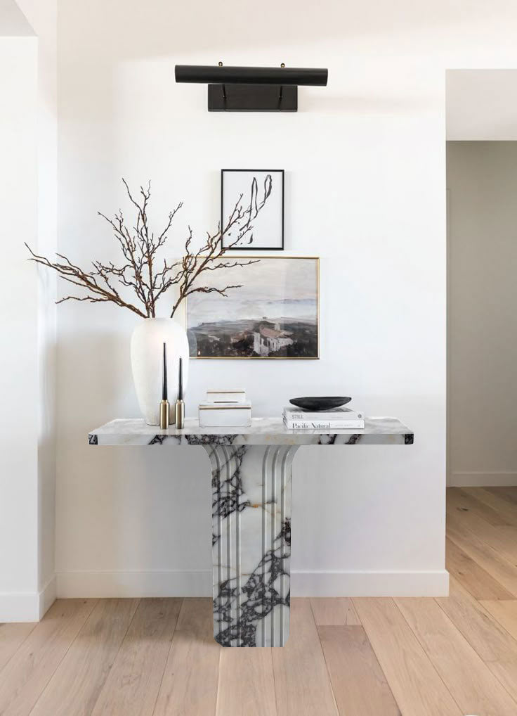 Calacatta Viola Marble Designer Console Polished (W)15" (L)40" (H)32" angle view decorative items on top painting in golden frame on wall wide view