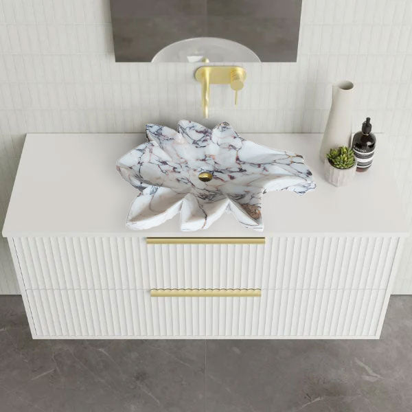 Calacatta Viola Marble Leaf Design Above Vanity Bathroom Sink Honed