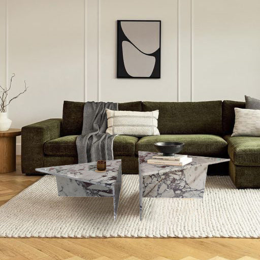 Calacatta Viola Marble Triangle Design Coffee Table Polished Set of 2 living room green couch L shape