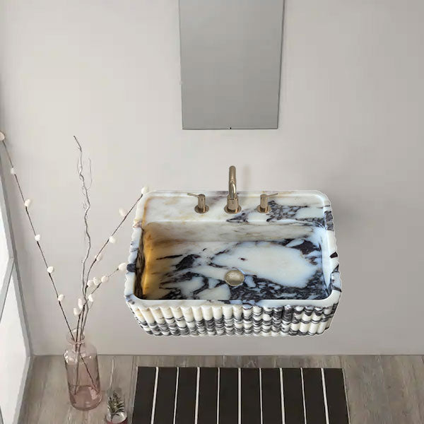 Calacatta Viola Marble Wall-Mount Rectangular Fluted Bathroom Sink (W)16" (L)24" (H)8"