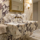 Fluted White Wall Mount Marble Vanity Sink Gray Veining With Backsplash