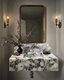 Fluted White Wall Mount Marble Vanity Sink Gray Veining With Backsplash
