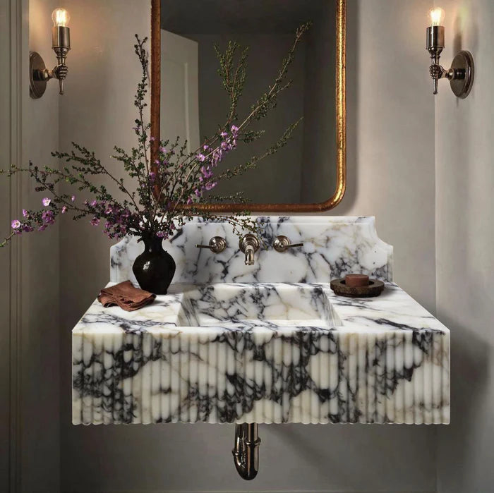 Calacatta Viola Marble Wall-mount Bathroom Vanity Sink Fluted Front (W)21" (L)37" (H)12"