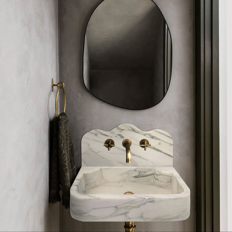 Calacatta White Marble Wall-mount Bathroom Sink with 10" Backsplash (W)16" (L)24" (H)5"