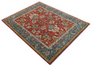Cali Hand Knotted Turkish Design Rust And Blue Wool Rug