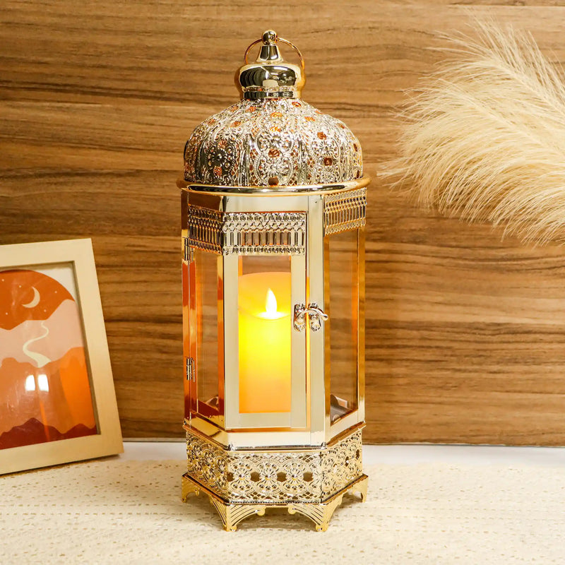 Moroccan Candle Lantern 16'' Gold Hexagonal Candle Holder, photo 3 of 6