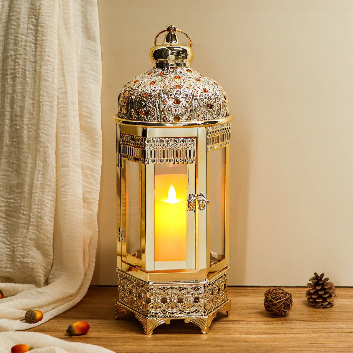 Moroccan Candle Lantern 16'' Gold Hexagonal Candle Holder, photo 4 of 6