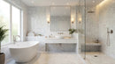 Modern bathroom with a freestanding bathtub, sink, and shower area.