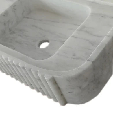 Carrara White Marble Wall-mount Bathroom Vanity Sink Fluted (W)16" (L)28" (H)6"