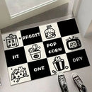 Cartoon cat black & white checkered door mat living room rug by Decorbites
