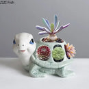 Cartoon turtle ceramic 3 slot planter living room green & white decor by Decorbites