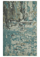 Carved Texture Ivory, Blue, Olive and Charcoal Modern Abstract 5x8 Hand Knotted wool Area Rug