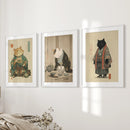 Japanese Ukiyo-e Style Cat Wall Art Set of 3. Tea Ceremony by Wall Art Set