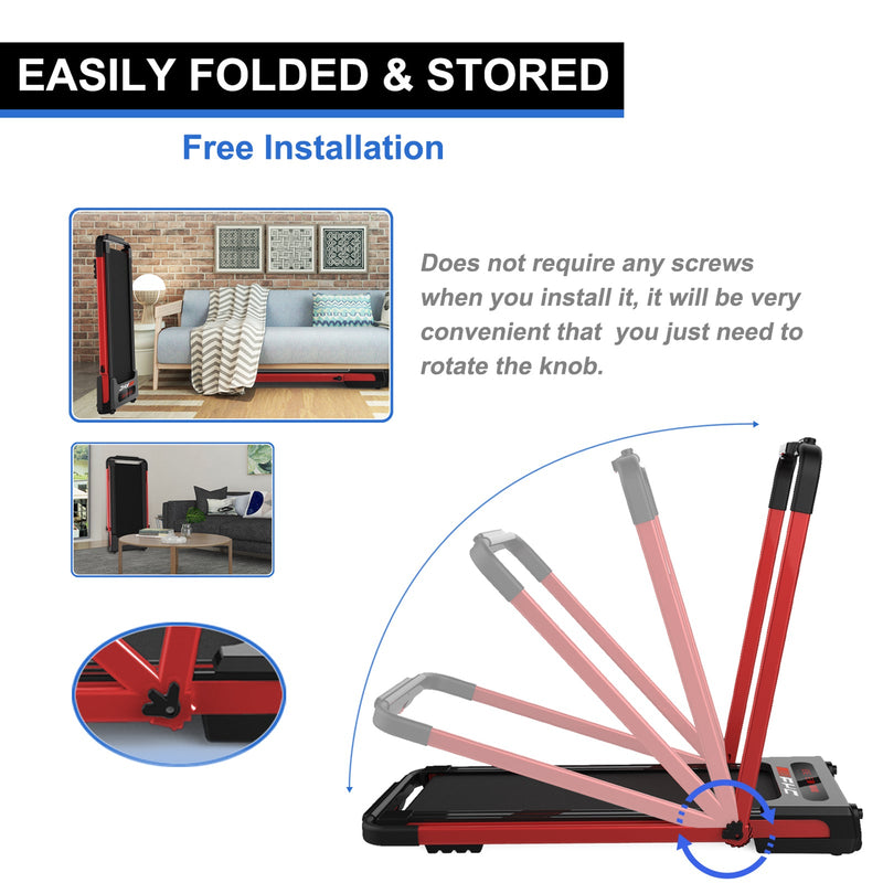 2 in 1 Under Desk Treadmill - 2.5 HP Folding Treadmill for Home, Installation-Free Foldable Treadmill Compact Electric Running Machine, Remote Control & LED Display Walking Running Jogging, Red