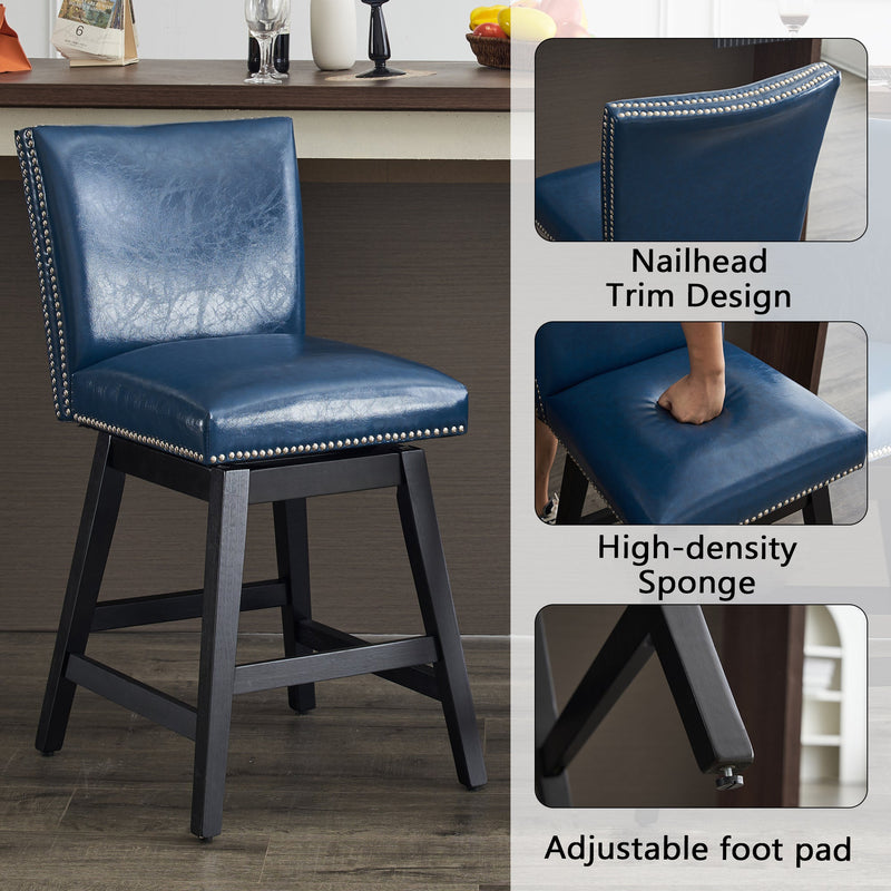 26" Upholstered Swivel Bar Stools Set of 2, Modern PU Leather High Back Counter Stools with Nail Head Design and Wood Frame
