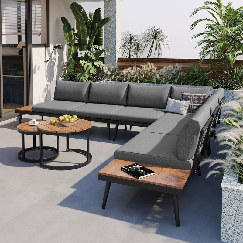 6-Piece Outdoor Sectional Sofa Set with Round Nesting Coffee Tables and Seating Sofa with Cushions for Patio, Porch and Garden (Grey)
