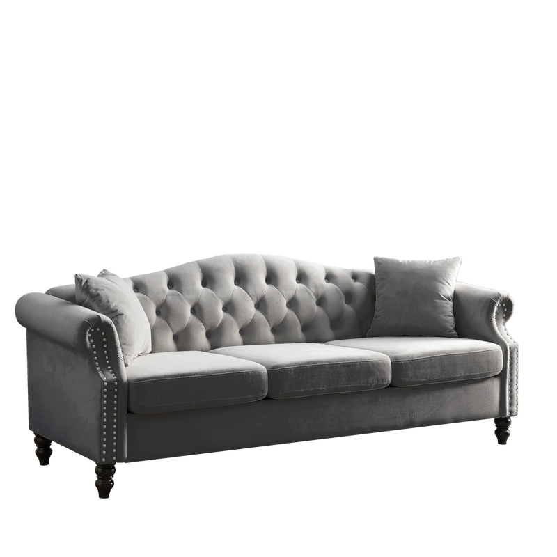79" Chesterfield Sofa Grey Velvet for Living Room, 3 Seater Sofa Tufted Couch with Rolled Arms and Nailhead for Living Room, Bedroom, Office, Apartment, two pillows