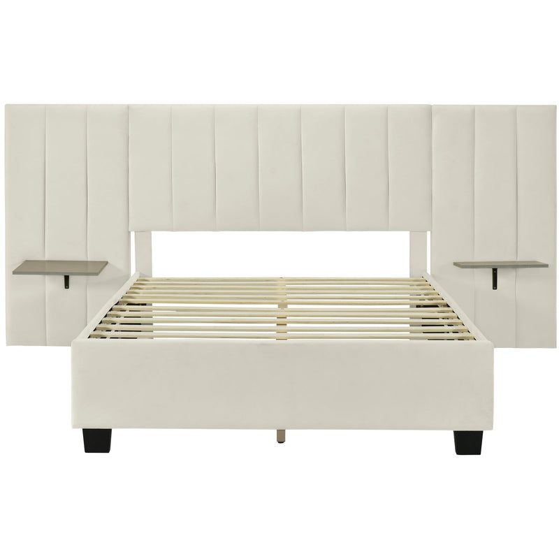 Walker Edison - Full Size Upholstered Platform Bed with Big Headboard, Bedroom Furniture, Velvet, Beige