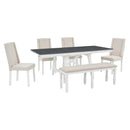 6-Piece Classic Dining Table Set, Rectangular Extendable Dining Table with two 12"W Removable Leaves and 4 Upholstered Chairs & 1 Bench for Dining Room (Gray+White)