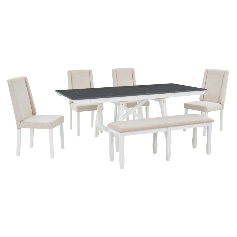 6-Piece Classic Dining Table Set, Rectangular Extendable Dining Table with two 12"W Removable Leaves and 4 Upholstered Chairs & 1 Bench for Dining Room (Gray+White)