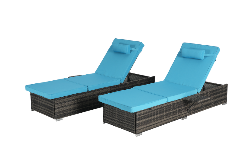 Outdoor Chaise Lounge Chair Set of 2 with Storage Patio Pool Chairs Tanning Lounges for Outside,Beach Rattan Recliners with Adjustable Backrest, Table, Cushion for Poolside Backyard Garden