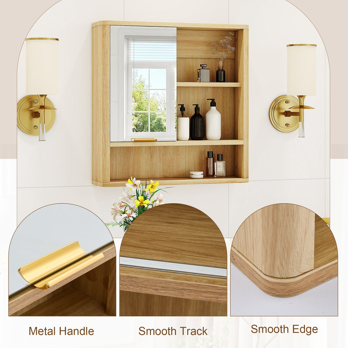 Natural Wood Finish Wall Mounted Mirror Cabinet, photo 9 of 10