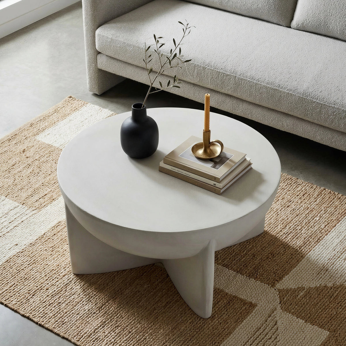 Matte White Round Coffee Table, Magnesium Oxide Sculptural Tripod Base, photo 8 of 9
