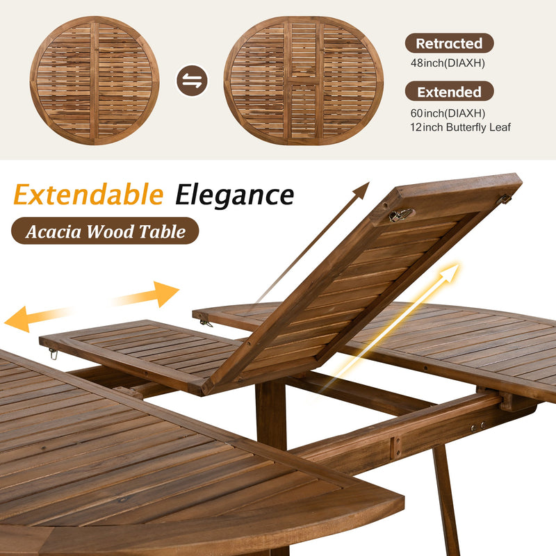 TOPMAX Modern 5-Piece Patio Extendable Wooden Dining Table Set, 12inch Butterfly Leaf Foldable Round Kitchen Table Set with 4 Rattan Arm Chairs for Backyard,Balcony, Garden, Poolside, Natural